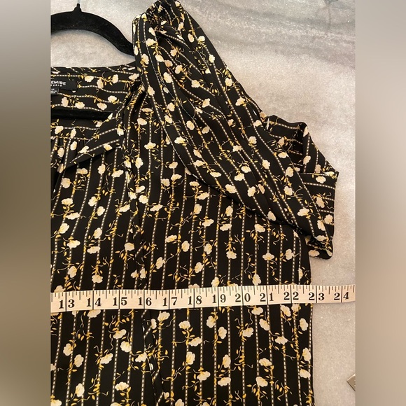 Premise Studio Black Yellow Floral Striped V Neck Tie Long Sleeve Blouse Size M - Picture 9 of 11